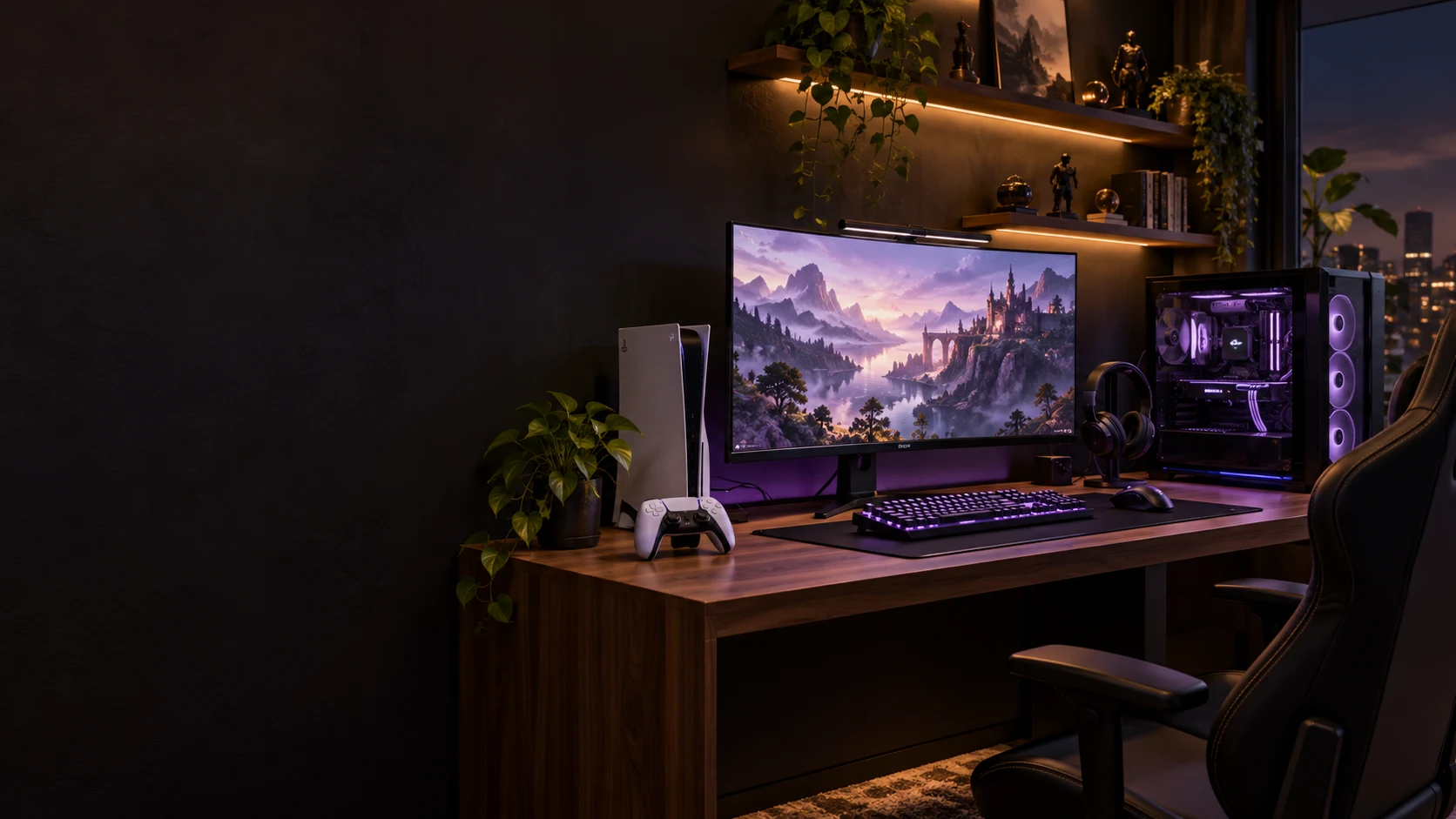 PC gamer, console e monitor em um setup com iluminação violeta